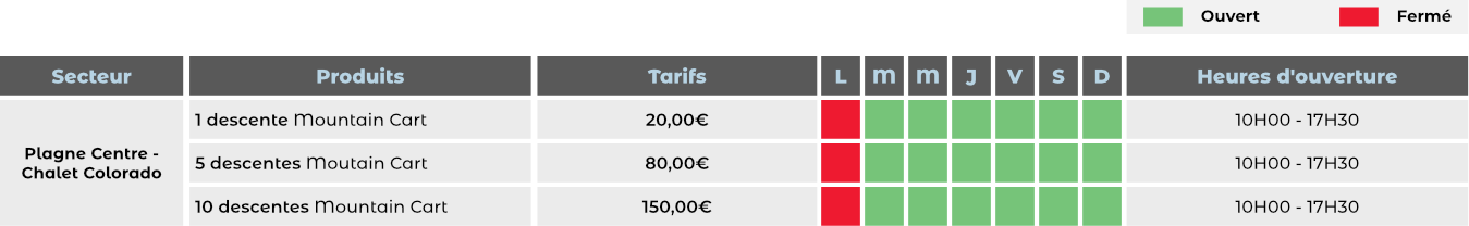 Tarifs Mountain Cart