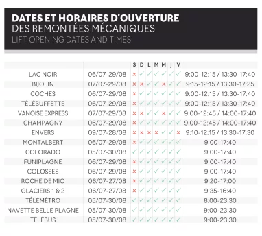 Horaires des remontées mécaniques été Horaires des remontées mécaniques été