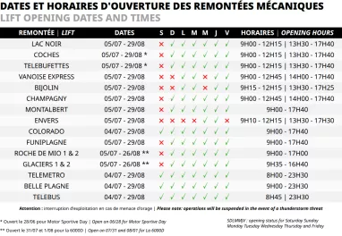Horaires des remontées mécaniques été Horaires des remontées mécaniques été