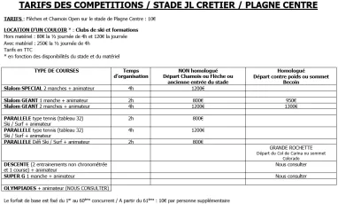 Tarifs des compétitions Tarifs des compétitions